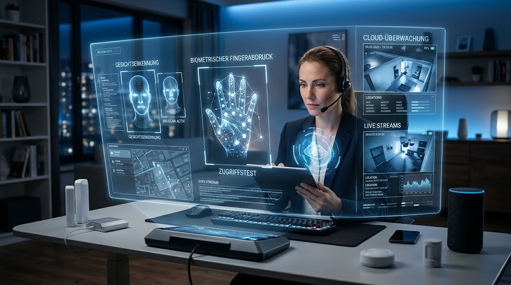 Futuristische Darstellung moderner Sicherheitstechnik-Trends mit holografischen Anzeigen für biometrische Zugangskontrolle und smarte Überwachungssysteme.