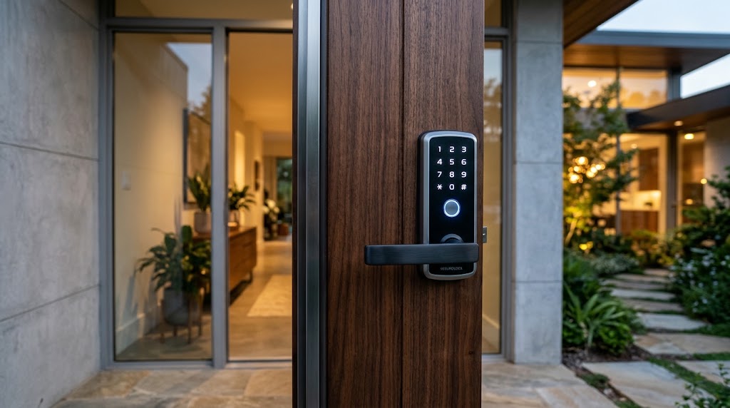 Modernes elektronisches Türschloss an einer Eingangstür mit beleuchtetem Tastenfeld und Fingerabdruckscanner als sichere Smart-Home-Lösung