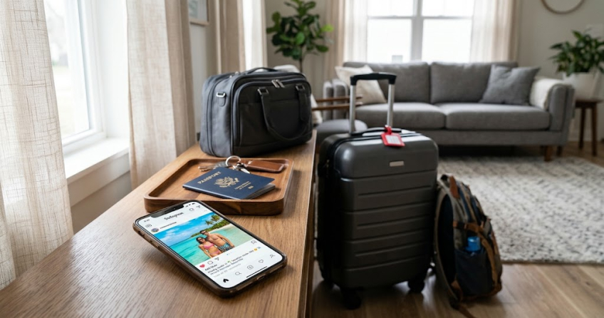 Fotorealistisches Beitragsbild zum Thema Social Media lockt Einbrecher an mit einem Smartphone, das ein Urlaubsfoto zeigt, neben gepacktem Reisegepäck.
