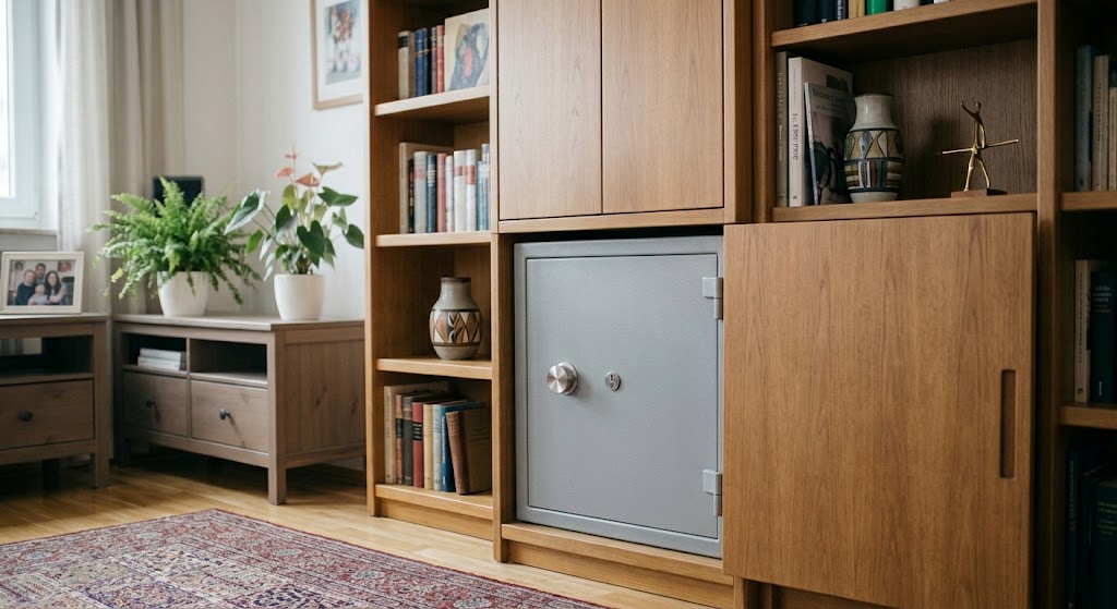 Ein geschlossener Tresor, der unauffällig in ein Holzregal im Wohnzimmer integriert ist.