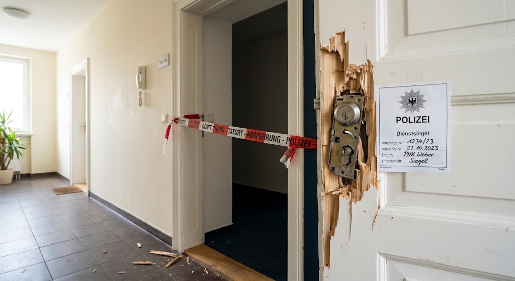 Aufgebrochene Wohnungstür mit beschädigtem Türschloss im Flur nach einem Wohnungseinbruch