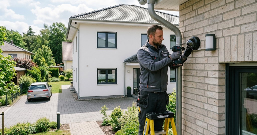 Ein Handwerker montiert professionell eine Überwachungskamera an der Hauswand eines modernen Einfamilienhauses.