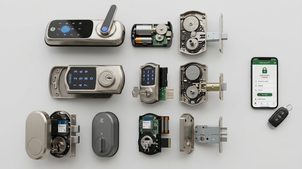 Bild von verschiedenen elektronischen Türschlössern wie Fingerabdruck-Scanner, Keypad und Smart Lock im Studio-Design auf neutralem Hintergrund.
