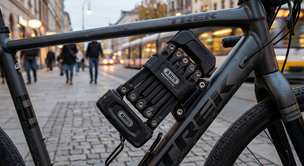 Nahaufnahmefoto eines modernen, schwarzen Fahrrad-Faltschlosses, das sicher am Fahrradrahmen montiert ist.