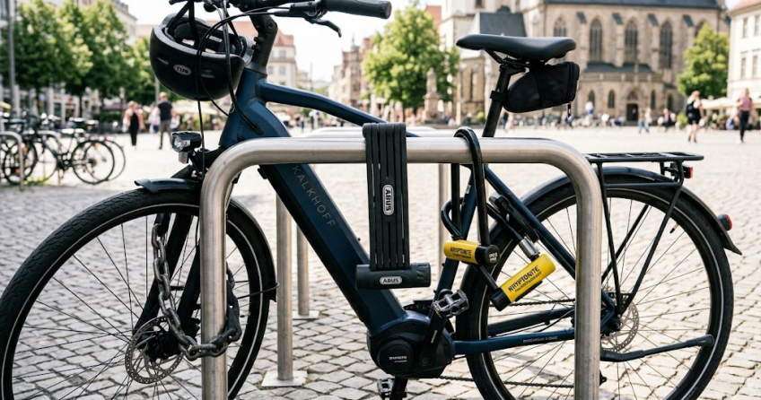 Mehrere hochwertige Fahrradschlösser sichern ein Kalkhoff E-Bike an einem Metallständer in der Leipziger Innenstadt vor der Thomaskirche.