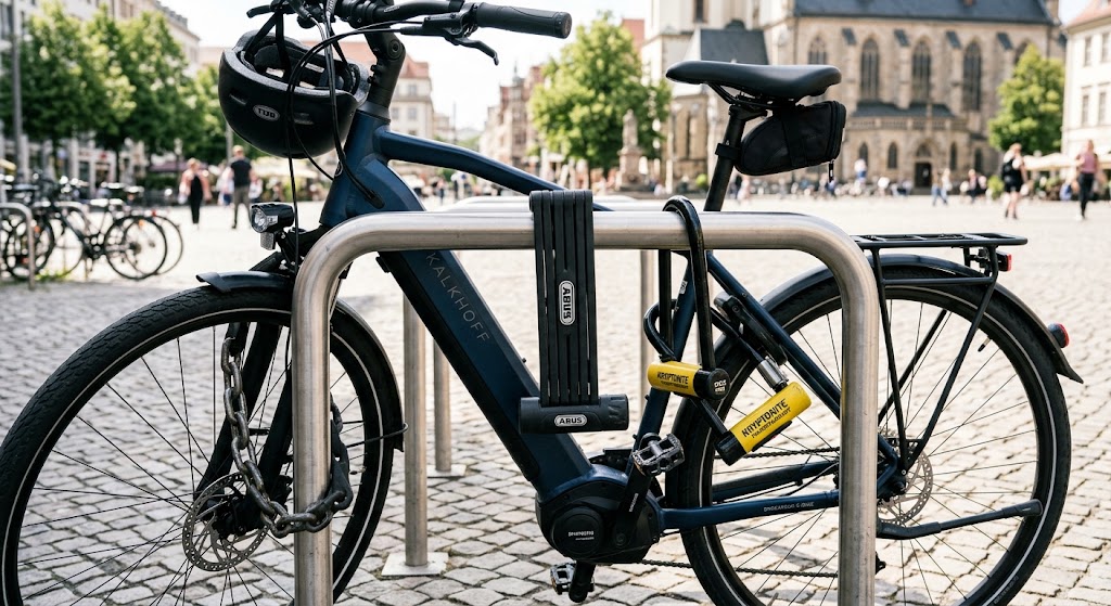 Mehrere hochwertige Fahrradschlösser sichern ein Kalkhoff E-Bike an einem Metallständer in der Leipziger Innenstadt vor der Thomaskirche.