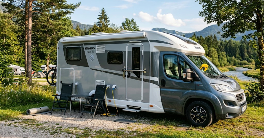 Ein modernes Wohnmobil auf einem Campingplatz als Symbol für effektiven Diebstahlschutz im Urlaub