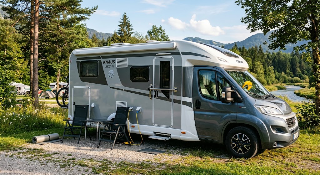 Ein modernes Wohnmobil auf einem Campingplatz als Symbol für effektiven Diebstahlschutz im Urlaub