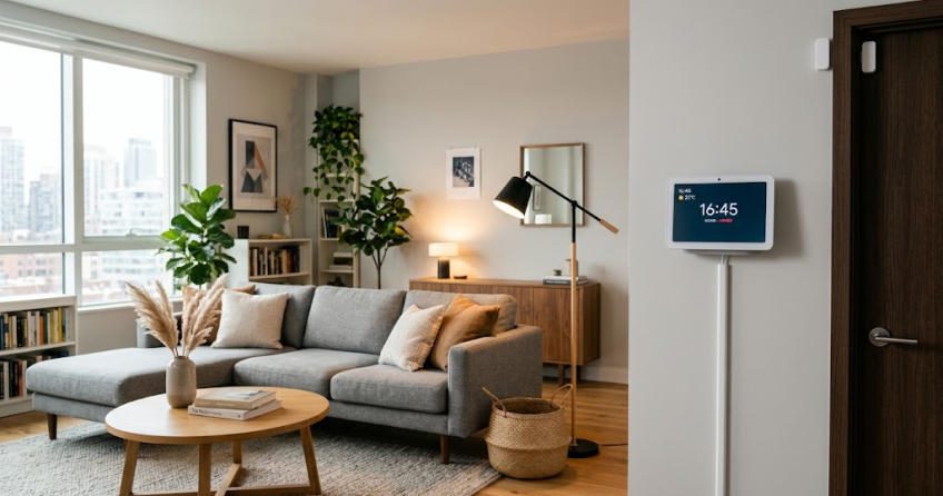 Moderne kabellose Alarmanlage in einer hellen Mietwohnung, installiert ohne Bohren an der Wand.