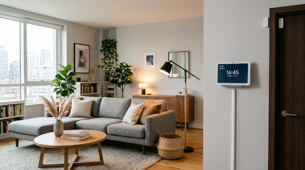 Moderne kabellose Alarmanlage in einer hellen Mietwohnung, installiert ohne Bohren an der Wand.