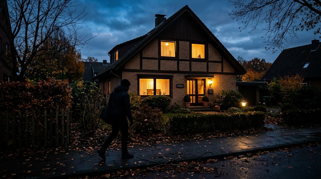 Ein beleuchtetes Haus in der Dämmerung im Herbst als Symbol für Einbruchschutz und Sicherheit in der dunklen Jahreszeit