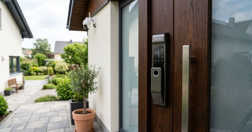Moderne Haustür mit elektronischem Türschloss, integriertem Fingerabdruckscanner und Tastenfeld
