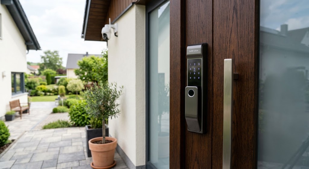 Moderne Haustür mit elektronischem Türschloss, integriertem Fingerabdruckscanner und Tastenfeld