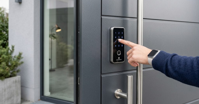 Eine moderne Eingangstür mit einem intelligenten Smart Lock, das ein beleuchtetes Tastenfeld für Zahlencodes und App-Steuerung zeigt.