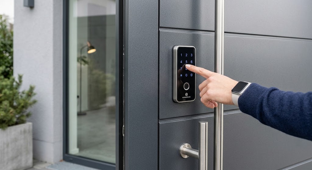 Eine moderne Eingangstür mit einem intelligenten Smart Lock, das ein beleuchtetes Tastenfeld für Zahlencodes und App-Steuerung zeigt.