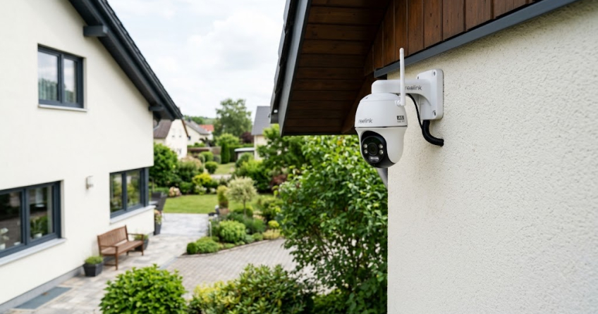 Moderne WLAN-Überwachungskamera installiert an der Fassade eines Hauses zur Überwachung des Eingangsbereichs