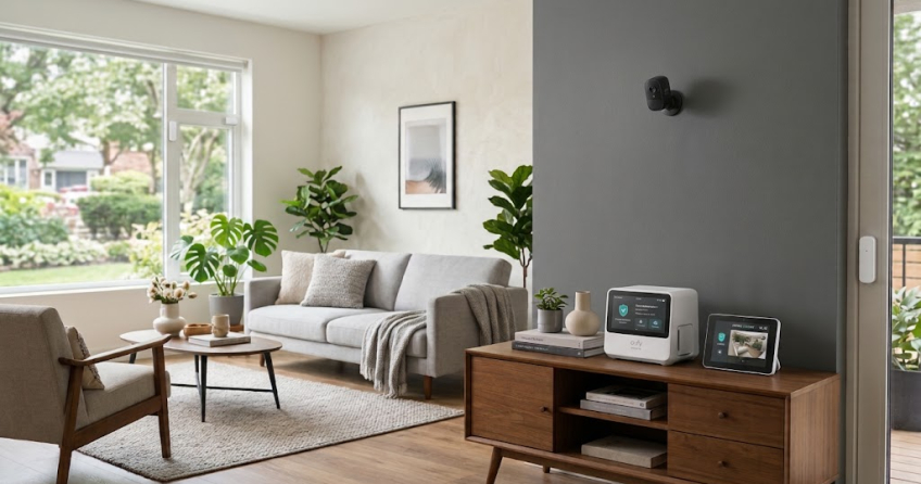 Ansicht eines modernen Wohnzimmers mit einer zentralen Alarmanlagen-Einheit auf dem Sideboard und einer dezenter, kleineren Überwachungskamera an der Wand.