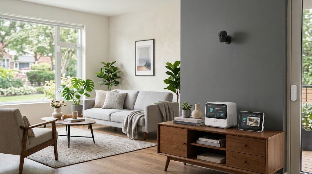 Ansicht eines modernen Wohnzimmers mit einer zentralen Alarmanlagen-Einheit auf dem Sideboard und einer dezenter, kleineren Überwachungskamera an der Wand.