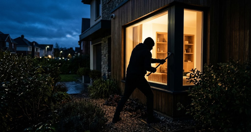 Fotorealistisches Beitragsbild zum Thema Einbrecher Maschen: Silhouette einer verdächtigen Person an einem beleuchteten Wohnhausfenster in der Dämmerung