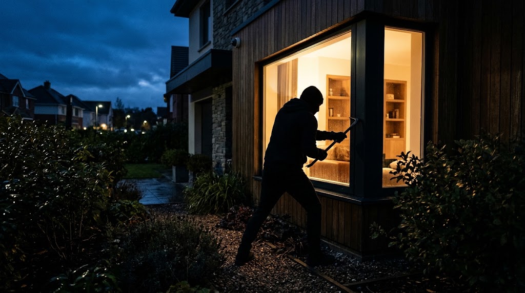 Fotorealistisches Beitragsbild zum Thema Einbrecher Maschen: Silhouette einer verdächtigen Person an einem beleuchteten Wohnhausfenster in der Dämmerung
