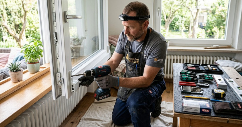 Professioneller Handwerker rüstet ein weißes Fenster mit modernem Einbruchschutz nach