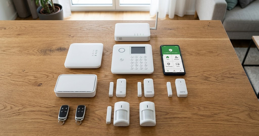 Ein vollständiges Set der kabellosen ELRO AS90S Alarmanlage übersichtlich auf einem Holztisch ausgebreitet, bestehend aus Basisstation, Bedienfeld, Smartphone mit Sicherheits-App, Sirene, Tür- und Fensterkontakten sowie Bewegungsmeldern.