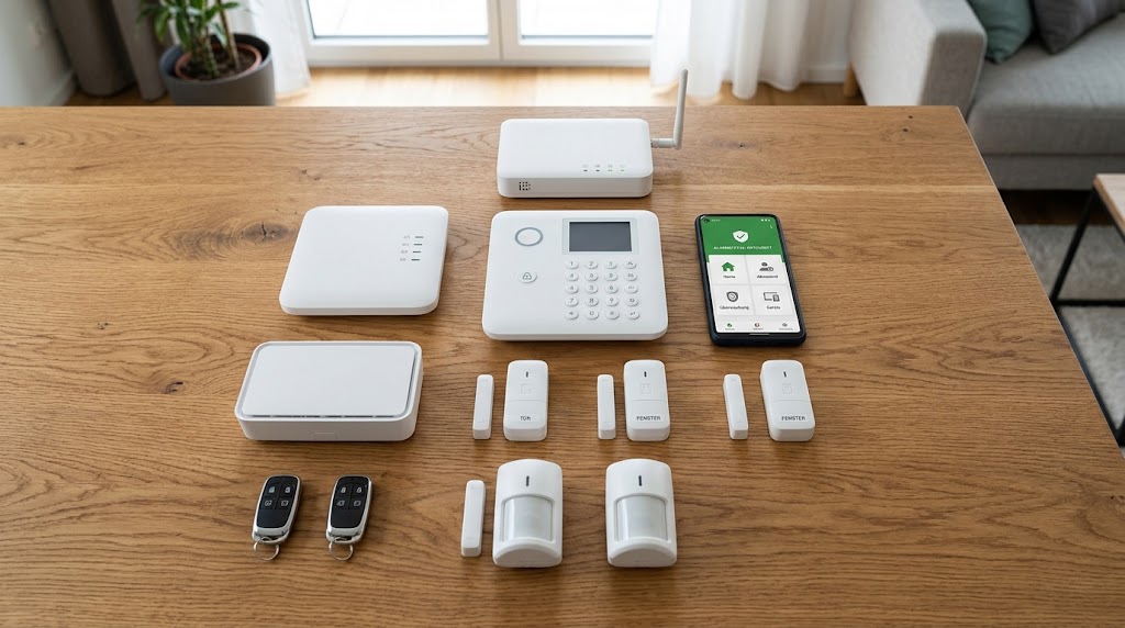 Ein vollständiges Set der kabellosen ELRO AS90S Alarmanlage übersichtlich auf einem Holztisch ausgebreitet, bestehend aus Basisstation, Bedienfeld, Smartphone mit Sicherheits-App, Sirene, Tür- und Fensterkontakten sowie Bewegungsmeldern.