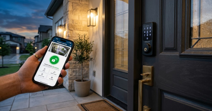 Ein modernes elektronisches Türschloss an einer eleganten Eingangstür, während im Vordergrund eine Person ein Smartphone mit einer App zur Schließsteuerung bedient.