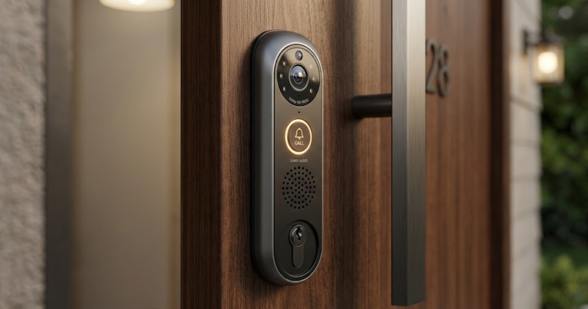Beitragsbild: Modernes Smart-Türschloss mit integrierter Kamera und Sprechanlage an einer edlen Holzeingangstür