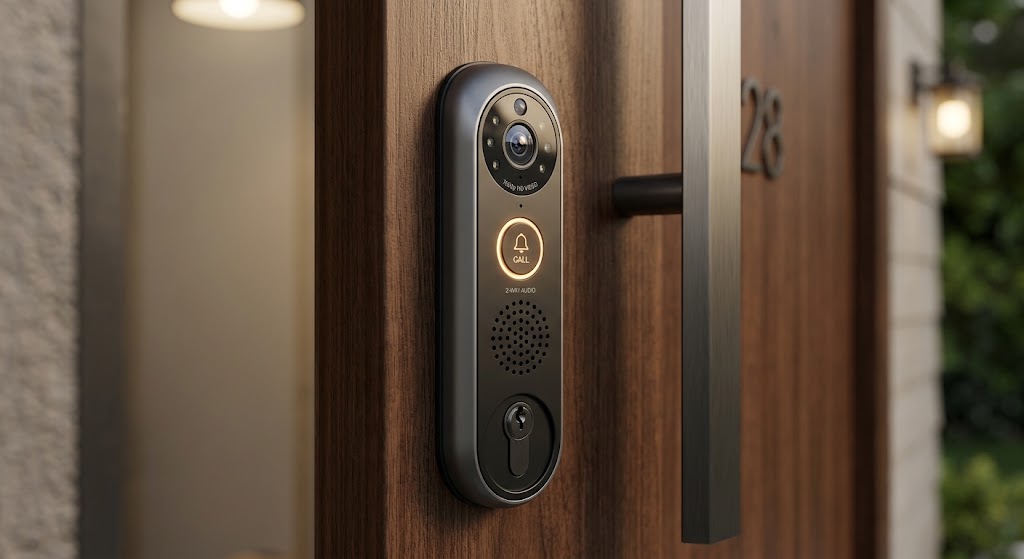 Beitragsbild: Modernes Smart-Türschloss mit integrierter Kamera und Sprechanlage an einer edlen Holzeingangstür