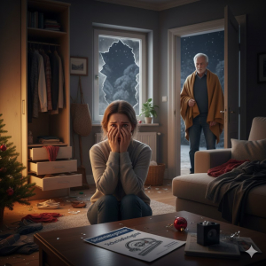 Knienede Frau im Wohnzimmer mit eingeschlagener Scheibe der Terrassent&uuml;r