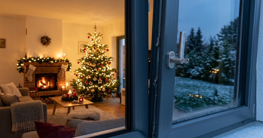 Beitragsbild für den Einbruchschutz an Weihnachten mit einem festlich beleuchteten Wohnzimmer und einem sicheren, verriegelten Fenster im Innenbereich