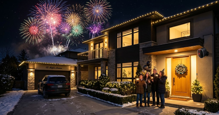 Beitragsbild, das ein beleuchtetes Wohnhaus in der Silvesternacht mit Feuerwerk am Himmel und einer aktiven Überwachungskamera im Eingangsbereich zeigt