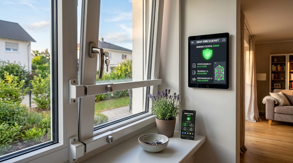 Beitragsbild zum Vergleich von Smart-Home-Sicherheit und mechanischem Einbruchschutz mit einem sicheren Fenster und einem Smart-Home-Display