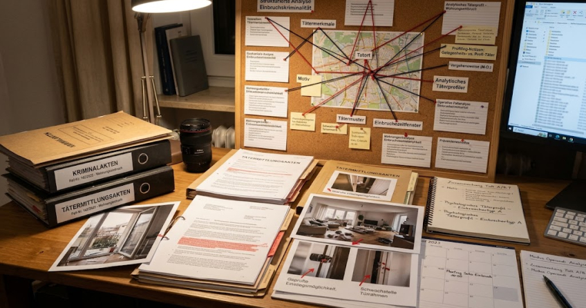 Beitragsbild mit Kriminalakten, Notizen und psychologischen Analysen auf einem Schreibtisch zur Erforschung der Täterpsychologie