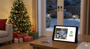 Wohnzimmer mit Weihnachtsbaum mit Geschenken. Gesicherte Terrassent&uuml;r.