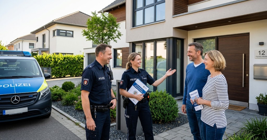 Beitragsbild, das eine professionelle Polizeiberatung zur Einbruchprävention im Gespräch mit Hausbesitzern vor einem Haus zeigt