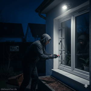 Einbrecher versucht ein Fenster mit einem Schraubendreher aufzuhebeln &ndash; Einbruchschutz Test