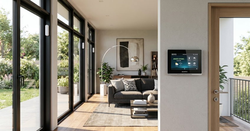 Beitragsbild, das eine moderne Olympia Alarmanlage mit Smart-Home-Integration in einem Wohnzimmer zeigt