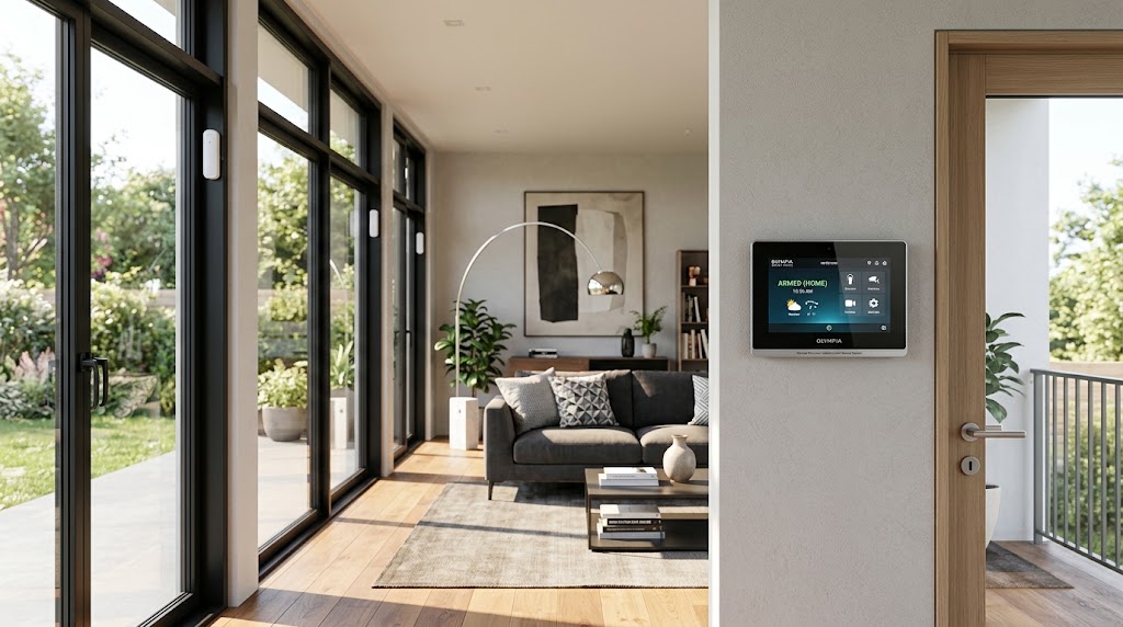 Beitragsbild, das eine moderne Olympia Alarmanlage mit Smart-Home-Integration in einem Wohnzimmer zeigt