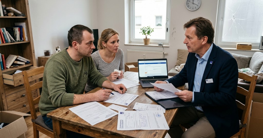 Beitragsbild, das einen Versicherungsberater im Gespräch mit Hausbesitzern über den Versicherungsschutz der Hausratversicherung nach einem Einbruch zeigt