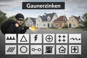 Im Vordergrund steht ein maskierter Einbrecher in dunkler Kleidung mit Taschenlampe und Beutesack. Er leuchtet auf eine ruhige Wohnstra&szlig;e mit mehreren Einfamilienh&auml;usern im Hintergrund. Am unteren Bildrand sind auf hellen Steinplatten verschiedene schwarze Gaunerzinken-Symbole zu sehen. &Uuml;ber der Szene befindet sich der Schriftzug &bdquo;Gaunerzinken&ldquo;.