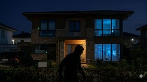 Nachtaufnahme eines modernen Einfamilienhauses mit Pr&auml;senzsimulation: Ein flackerndes blaues Fernsehlicht im Fenster schreckt die dunkle Silhouette eines Einbrechers im Vordergrund ab.