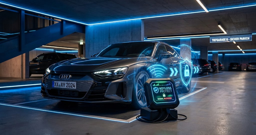 Beitragsbild, das einen modernen Autoschutz gegen Keyless-Go-Diebstahl mit einem Fantasienummernschild in einer Tiefgarage zeigt