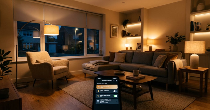 Ein modernes Wohnzimmer am Abend mit warmer Beleuchtung und einem Smartphone, das eine Smart-Home-App zur Anwesenheitssimulation anzeigt.