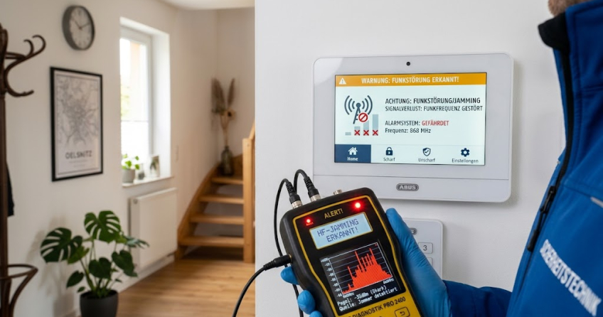 Eine moderne Alarmzentrale zeigt auf ihrem Display eine deutliche Funkstörungs- und Jamming-Warnung an, während im Vordergrund technische Diagnose-Tools für die Signalüberwachung zu sehen sind.