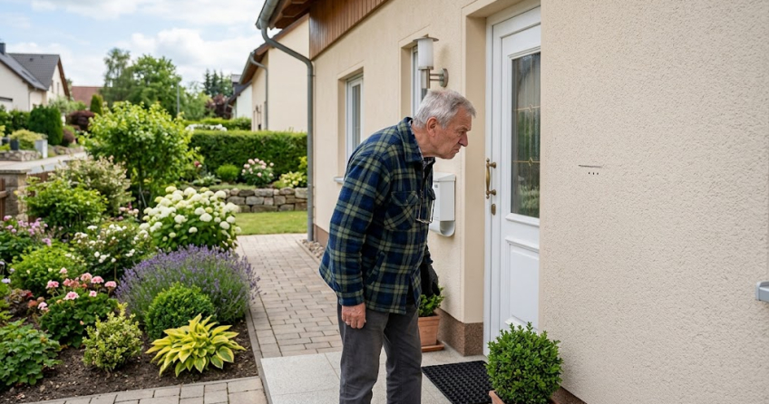 Eine Person betrachtet kritisch und nachdenklich eine kleine Markierung an einer hellen Hauswand neben einem Eingangsbereich.