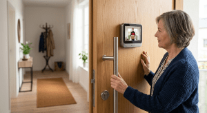 &auml;ltere Dame betrachtet Bild auf elektronischen T&uuml;rspion