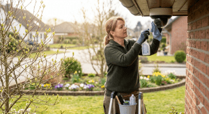Frau putzt Domkamera einer Video&uuml;berwachung am Einfamilienhaus