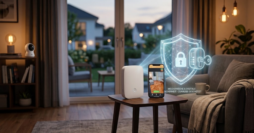 Allein zu Haus aber sicher: Ein gemütliches Wohnzimmer mit einem Smartphone und einem smarten Sicherheitssystem auf dem Tisch als Symbol für den Schutz der eigenen vier Wände.